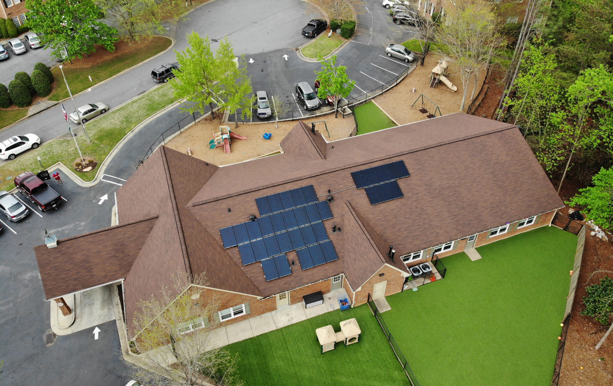 Ariel shot of house with solar panels on roof